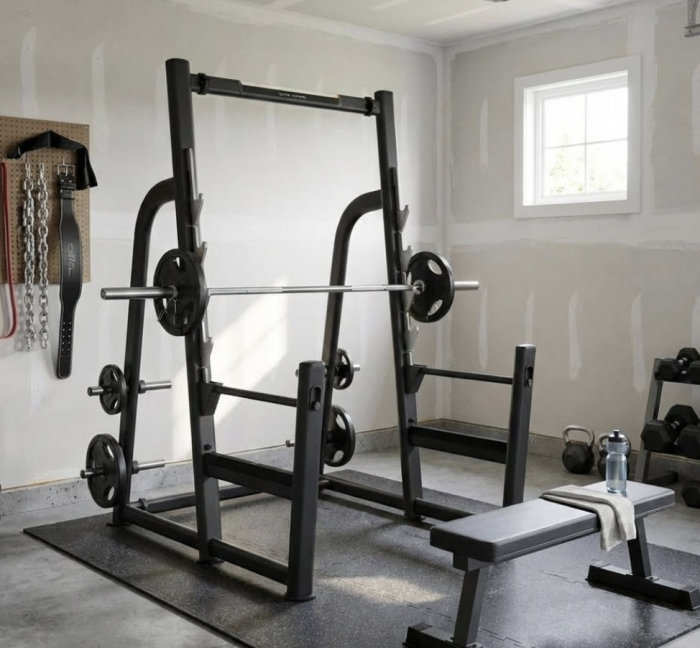 A power rack in a home gym