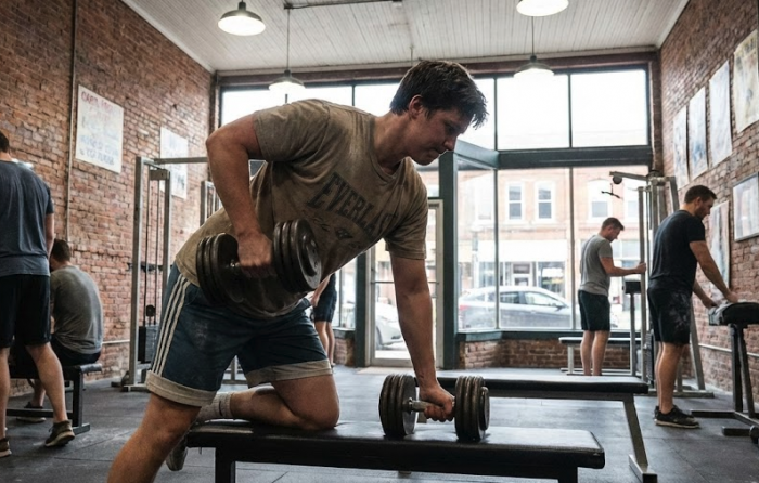 A man in a gym doing a bent over dumbbell row