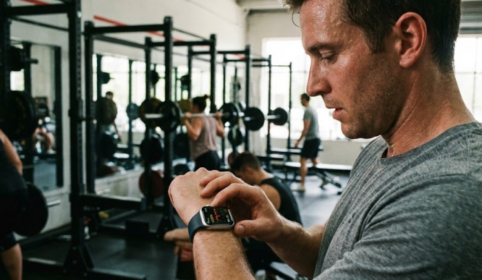 Man in a gym looking at his apple watch
