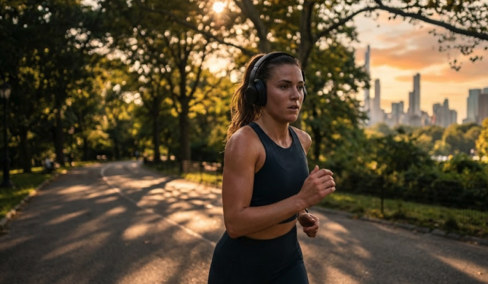 Woman running in park with headphones on