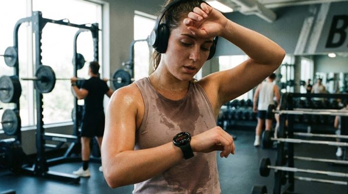 Woman in a gym sweating looking at her watch