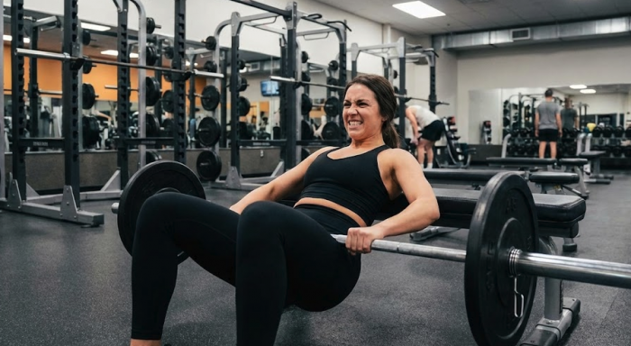 Woman doing a hip thruster in a gym