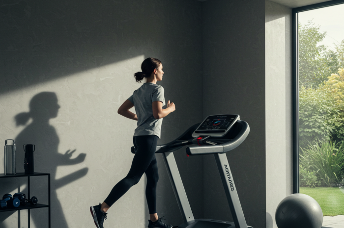 Woman running on a treadmill in a home gym