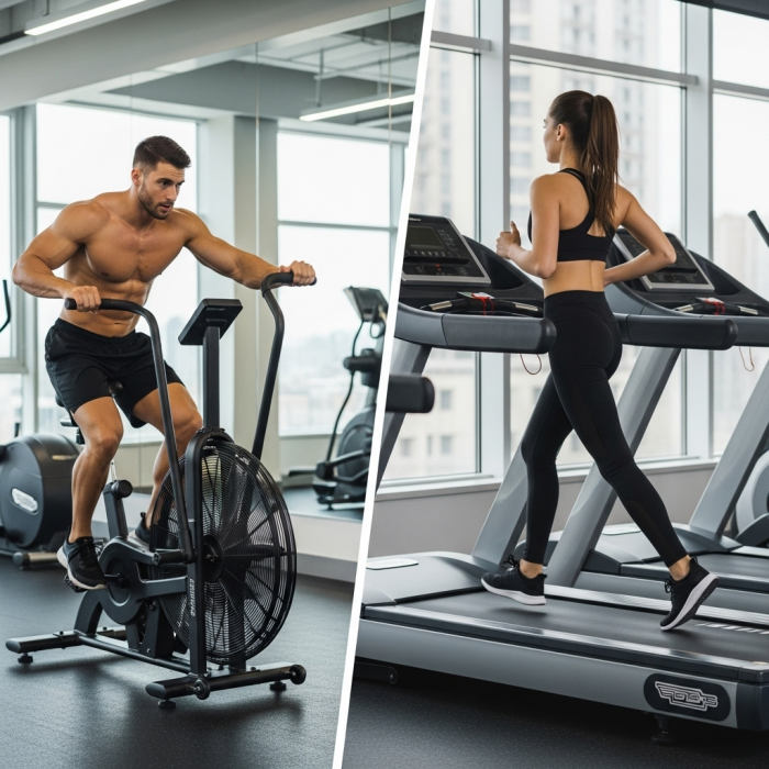 Split screen of a man on air bike and a woman on a treadmill