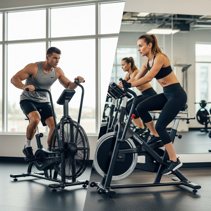 Woman on a stationery bike and a man on an air bike