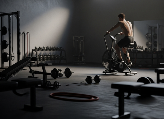 Man on an airbike alone in a gym
