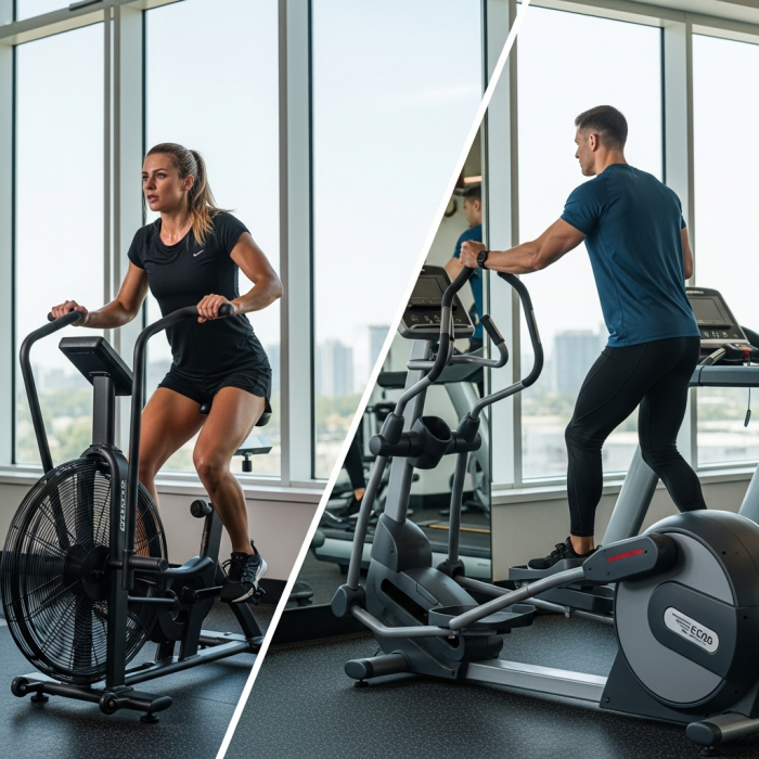 Woman on an air bike and a man on a elliptical in a split screen image