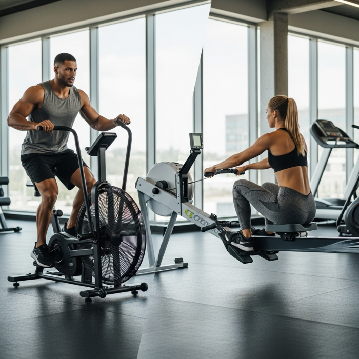 Man on an airbike and a woman on a rowing machine