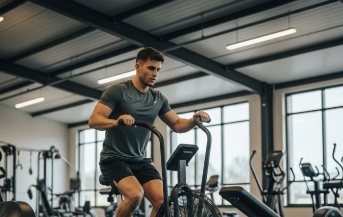 Man alone on an assault bike in an empty gym