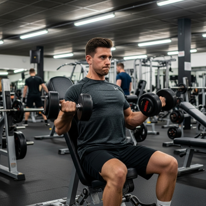 Man doing incline dumbbell bicep curls