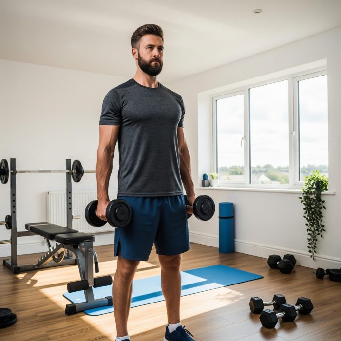 Man holding dumbbells in home gym