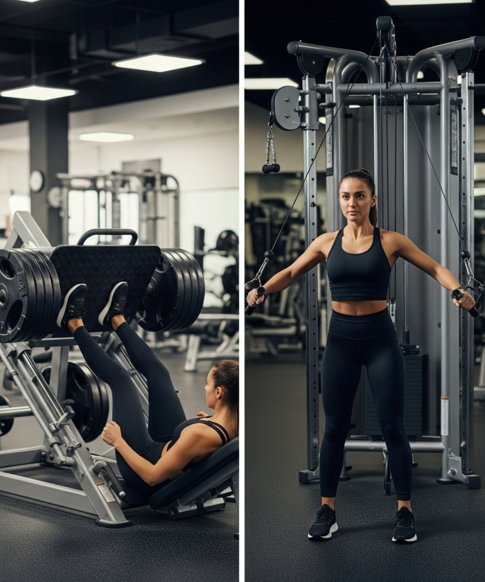Woman performing a leg press and a cable chest fly 