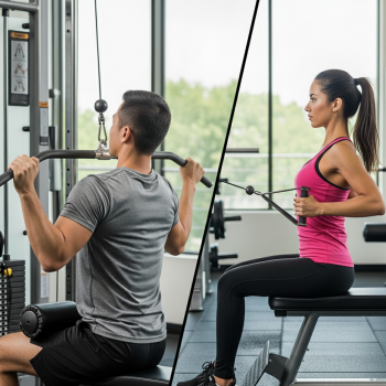 Man performing a lat pulldown and a woman performing a seated row in a gym