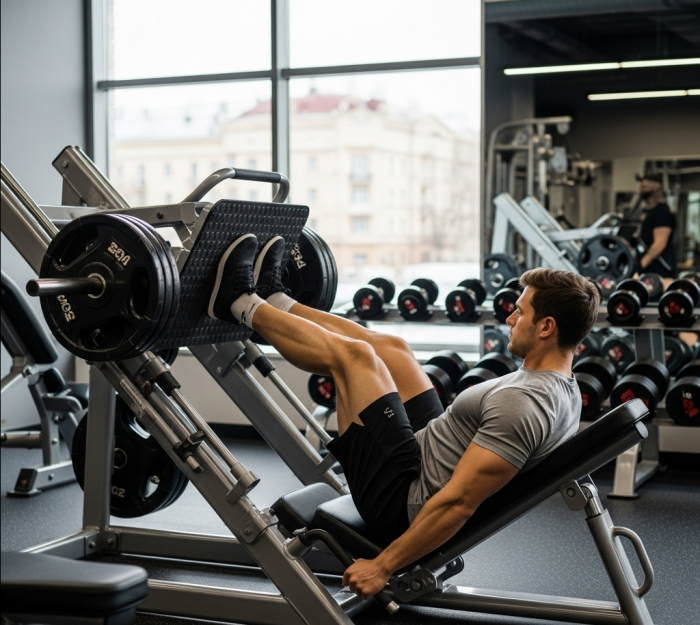 Man performing a leg press on a leg press machine wearing a grey top in a commercial gym