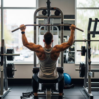 Man performing a lat pulldown in a commercial gym