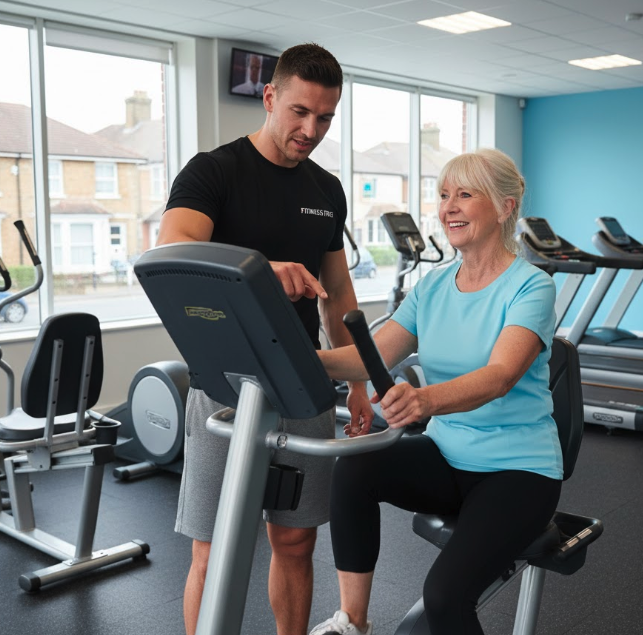Personal trainer helping a senior lady on a recumbent bike in a gym