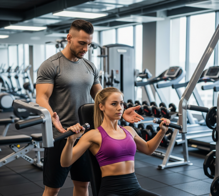 Male coach and female performing shoulder press
