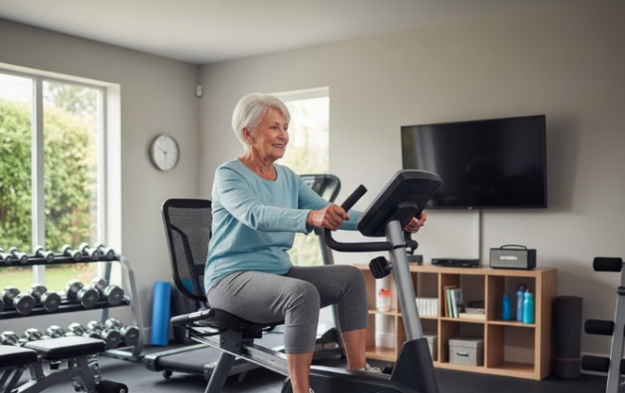 Senior lady on a recumbent bike in a home gym