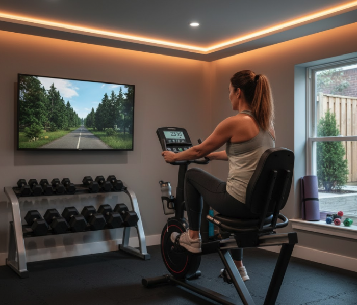 Woman on a recumbent bike in a home gym
