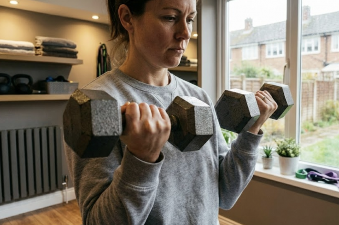 Woman doing a bicep curl in a home gym