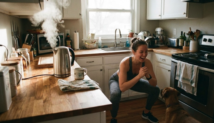 A woman doing squats in her kitchen in front of her dog whilst the kettle is boiling