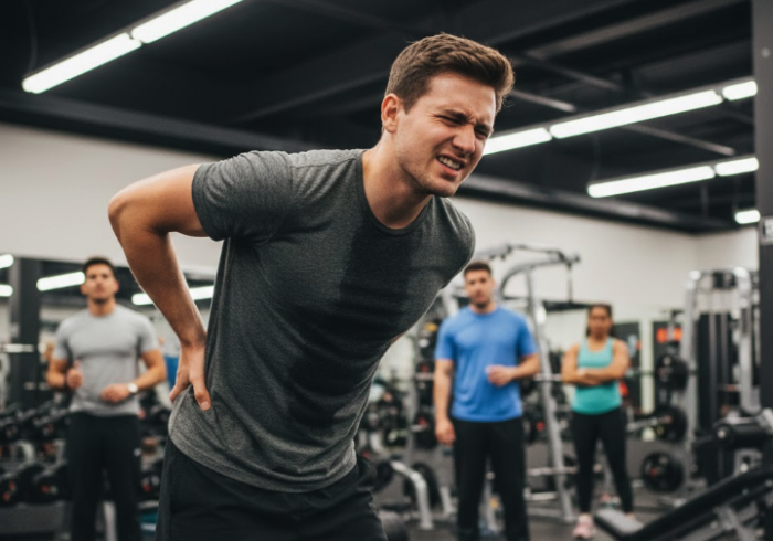 Man wincing in pain holding his back in the gym