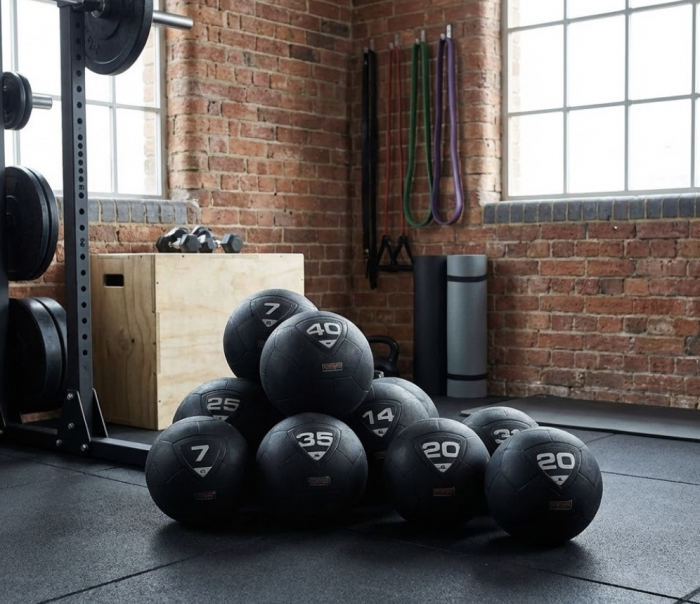 Group of slam balls stacked in a home gym