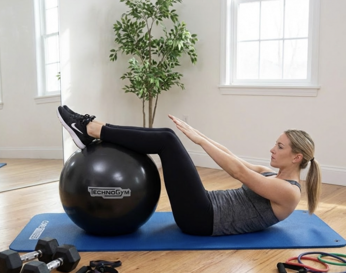 Woman using wellness ball doing pilates