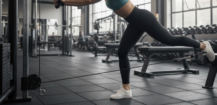 Woman doing a glute kickback on a cable machine in a gym