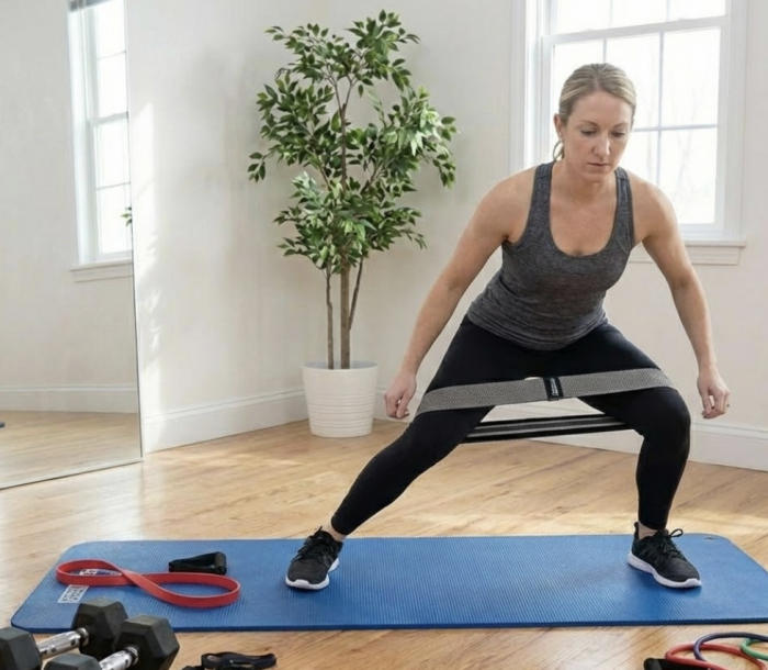 Woman using resistance bands at home 