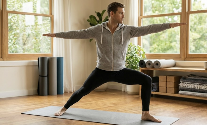 Man doing a yoga pose in his home gym 