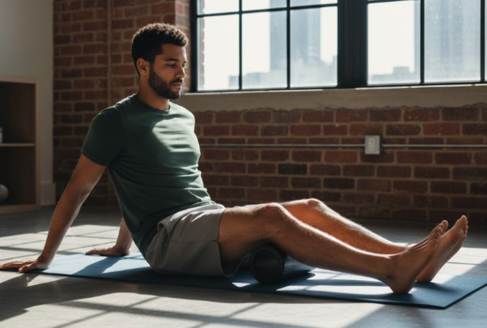 Man foam rolling his calves