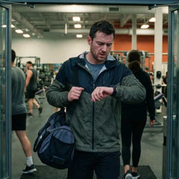 Man leaving the gym checking his watch holding a gym bag