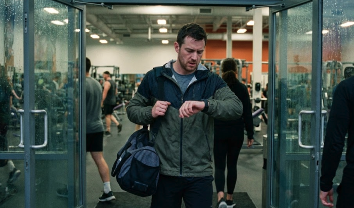 Man leaving the gym checking his watch holding a gym bag