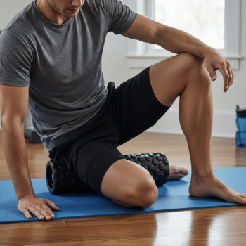 Man using a foam roller at home