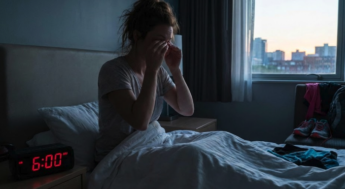 A woman waking up at 6am. She is still in bed but has her gym clothes laid on a chair 