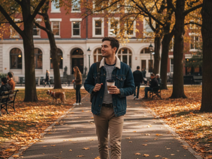 Man walking through an autumnal park with a coffee in hand 