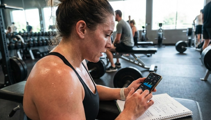 A sweaty woman on her phone logging her workout
