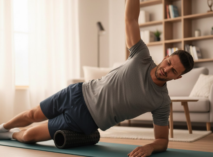 Man using a foam roller at home
