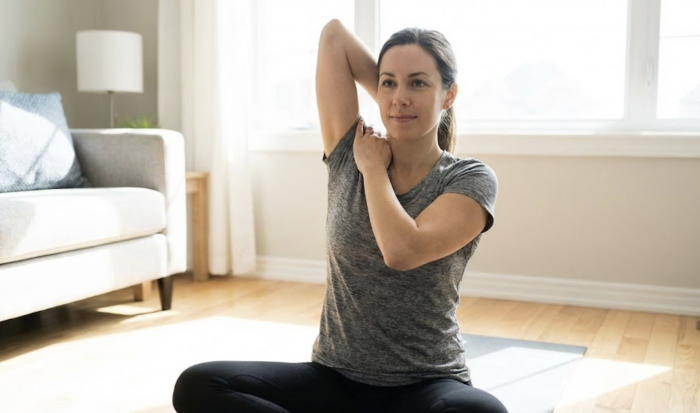 Woman sat doing a tricep stretch at home