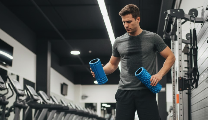 Man deciding between two foam rollers in a gym