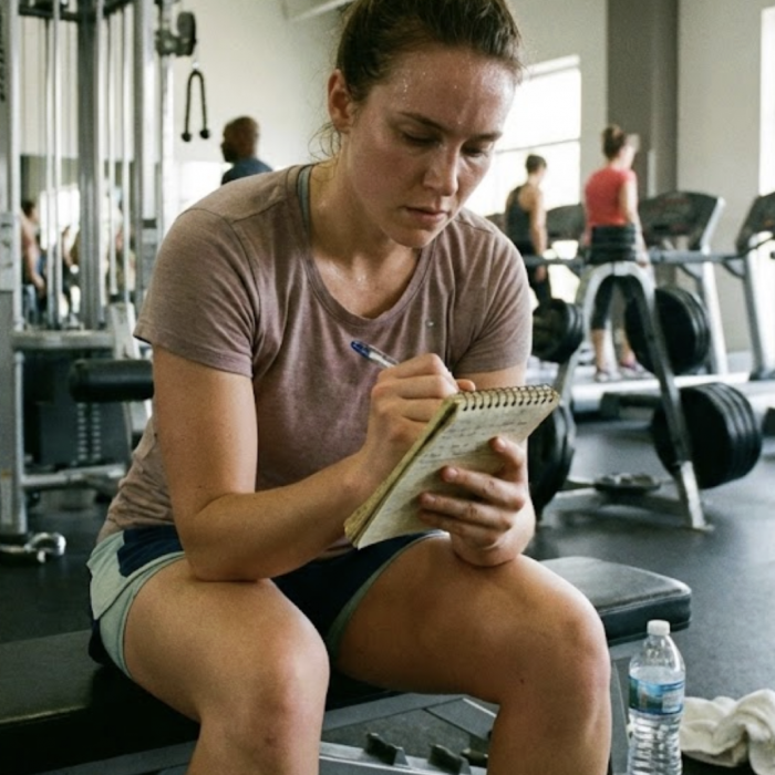 A woman in the gym tracking her progress
