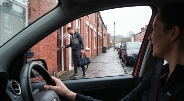 Someone in a car picking up their friend from their home (they are locking the door) to go to the gym