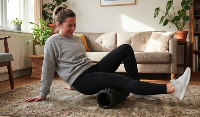 Woman foam rolling in her home 