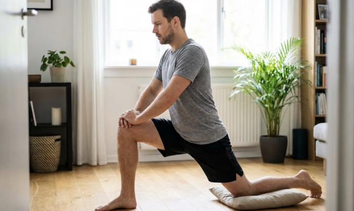 Man doing a kneeling hip flexor stretch with his knee on a cushion