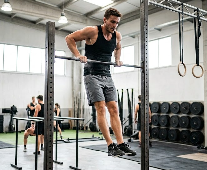 Man doing a muscle up on the bar in a crossfit gym