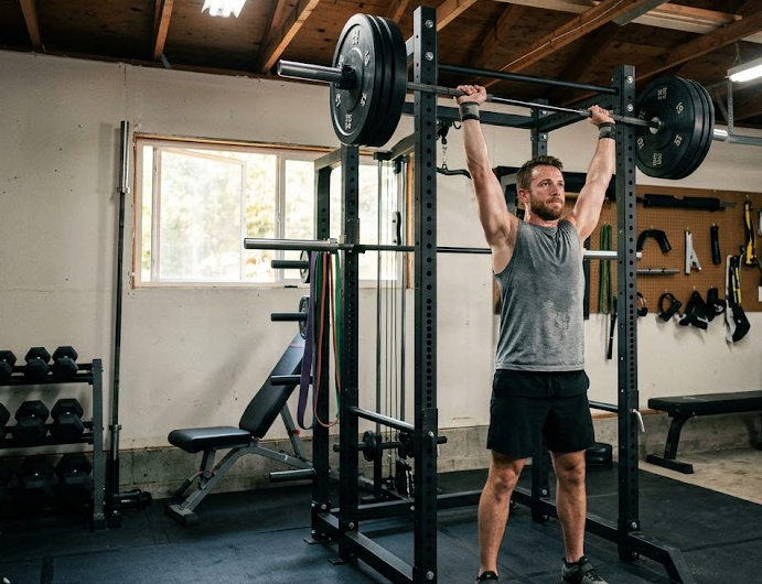Man lifting barbell in home gym