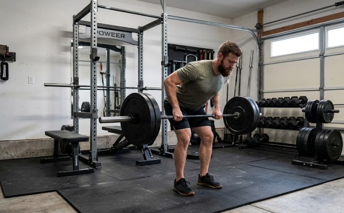 Man doing bent over barbell row in home gym
