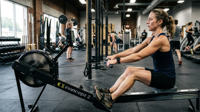 Woman working out on a concept 2 rower in a crowded crossfit style gym