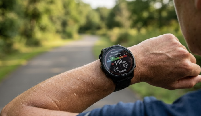 A man looking at his smart watch face detailing that he is in zone 2